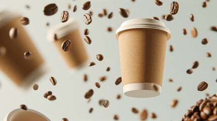 Paper coffee cups and beans arranged in a gravity mockup, set against a studio self-coloured background