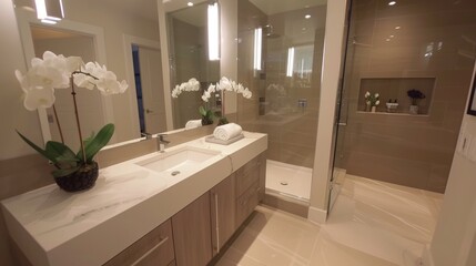 Contemporary Bathroom Design with Floating Vanity and Glass Shower Enclosure AI Generated.