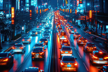 Fotografía del trafico caótico con luces de autos en movimiento, capturando la intensidad y ritmo de la vida urbana moderna, fotografía de larga exposición - obrazy, fototapety, plakaty