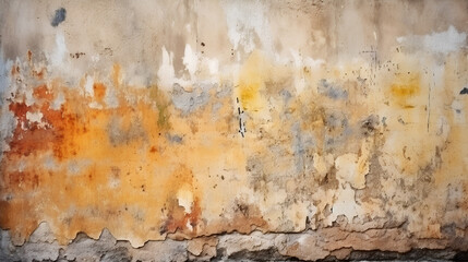 A photo of a weathered wall covered in rust and adorned with vivid yellow and orange paint - Generative AI