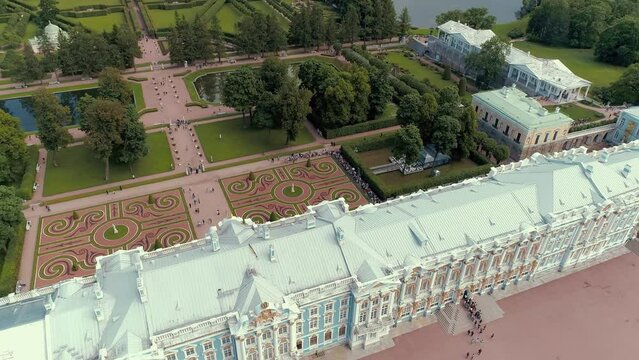 SAINT-PETERSBURG, RUSSIA - JUNE, 2023: Aerial drone view of Catherine palace and Catherine park in Pushkin. Beautiful baroque architecture landmark from above.