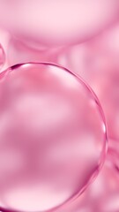 Pink cosmetic serum liquid bubbles macro close-up background. Concept moisturizer essence gel and collagen fluid bubble molecules. Glossy oil droplets 3D illustration product demo backdrop wallpaper.