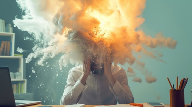 Person head exploding. Mental overload. Office worker overwhelmed having emotional burnout. Psychology mental health challenge. A fatigued tired frustrated person with exhaustion depression and anger.