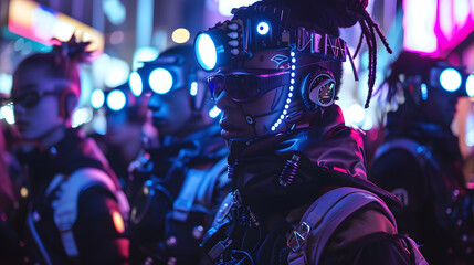 A photo of a group of people wearing cyberpunk fashion, with cybernetic enhancements and glowing accessories.