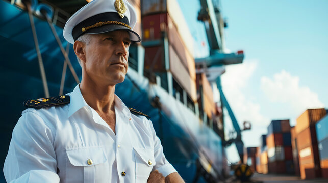 A photo of a port captain overseeing the loading of a ship, with a white uniform and a sense of authority.