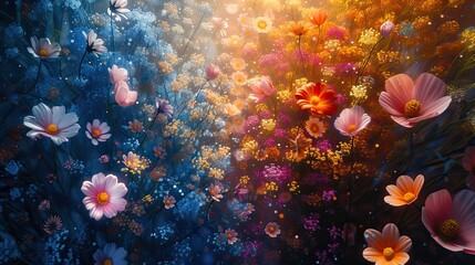 Fototapeta na wymiar Super wide angle, minimalism and surreal illustration, aerial view, top view, In the open garden, Babyâ€™s breath, Black-eyed Susan, Hyacinth, Balloon flower, light tracing, glare lighting, curve link