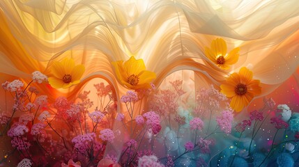 Super wide angle, minimalism and surreal illustration, aerial view, top view, In the open garden, Babyâ€™s breath, Black-eyed Susan, Hyacinth, Balloon flower, light tracing, glare lighting, curve link