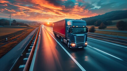 Semi Truck In Motion. Speeding Truck on the Highway. Trucking Business Concept. Electric concept truck. Ai generative