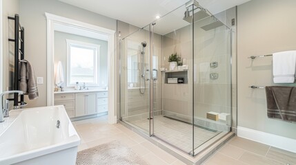 Fototapeta na wymiar Sleek and Tranquil Bathroom with Glass-Enclosed Walk-In Shower