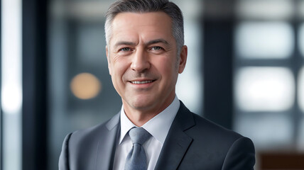 Fototapeta premium A handsome businessman in a suit smiles confidently in a corporate office, looking like a successful executive and a professional model. He stands in a vertical pose, ready to work