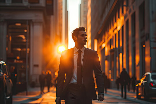 joven profesional emprendedor con traje moderno caminando por el distrito financiero

