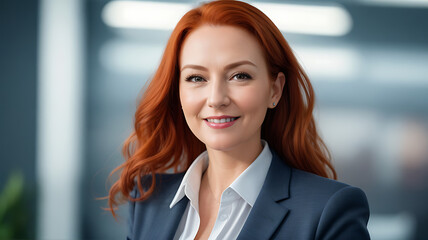 A beautiful businesswoman in a suit smiles happily at the camera, showing her confidence and success as a corporate manager and professional worker in an office meeting