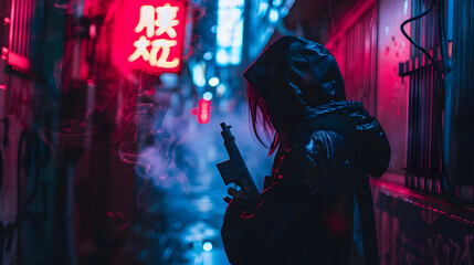 Fototapeta na wymiar a cyberpunk character in a dark alleyway, with a high-tech weapon and a mysterious aura. A woman in a black leather suit and mask stands in a dark alley.
