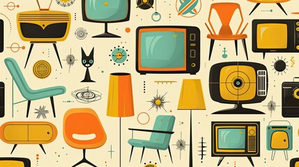 The generated image showcases a collection of stylized illustrations that are infused with a 1950s retro design aesthetic. The scene includes iconic mid-century modern furniture, such as chairs with o - obrazy, fototapety, plakaty