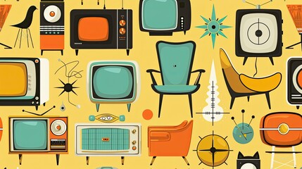 The generated image showcases a collection of stylized illustrations that are infused with a 1950s retro design aesthetic. The scene includes iconic mid-century modern furniture, such as chairs with o