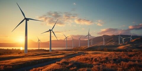 Windmills Standing in Grass Generative AI