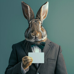 Professional Rabbit Business: Mockup of a Sophisticated Bunny Holding a Business Card with Green Background