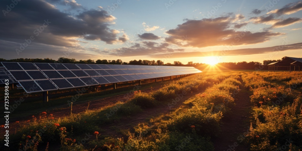 Poster solar panel in field with setting sun generative ai