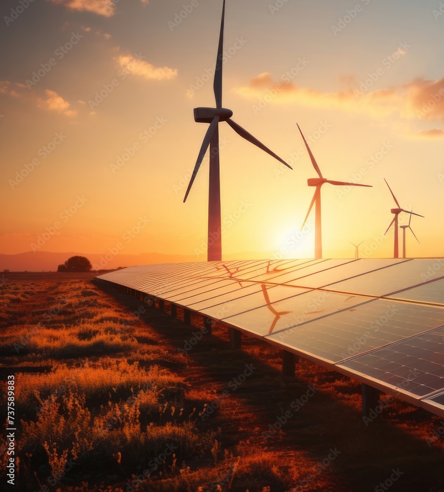 Poster solar panel with wind turbines in the background generative ai