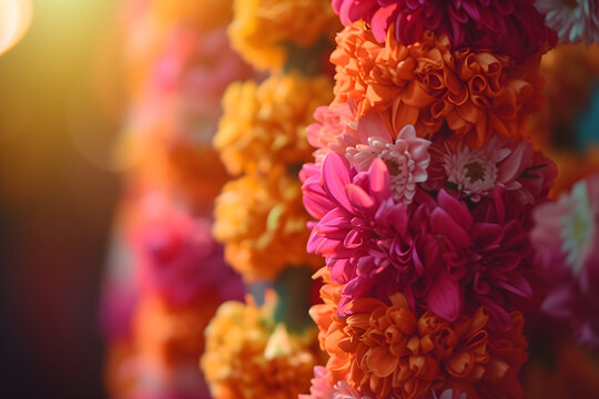 Traditional Indian flower garland with marigold flowers and mango leaves. Ugadi, Gudi Padwa or Pongal celebration. Hindu New Year. Religion, ethnic, custom and festive preparation concept