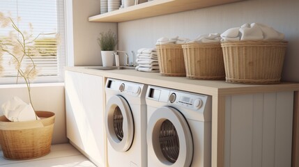 Modern laundry room with wicker laundry baskets and washing machine, white tone