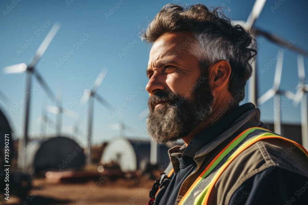 Poster man with a beard standing in front of a row of windmills generative ai