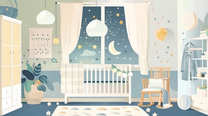 Create a trendy and adorable nursery interior design with a playful cartoon illustration, perfect for children's rooms.