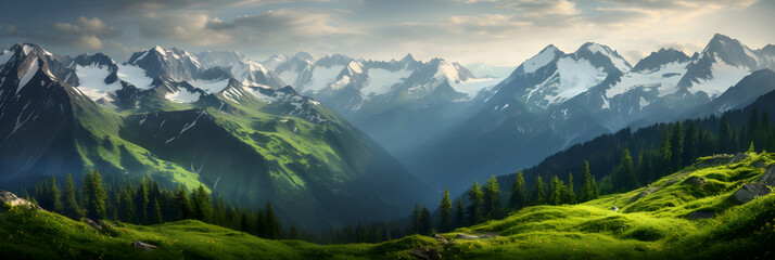 The Majestic Vista of Earth's Wilderness: Untouched Forest, Gleaming River, and Snow-Capped Mountains