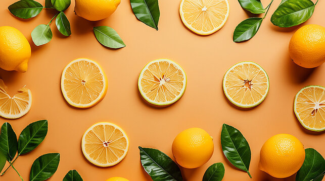 Close-up image of slices of lemon on orange background