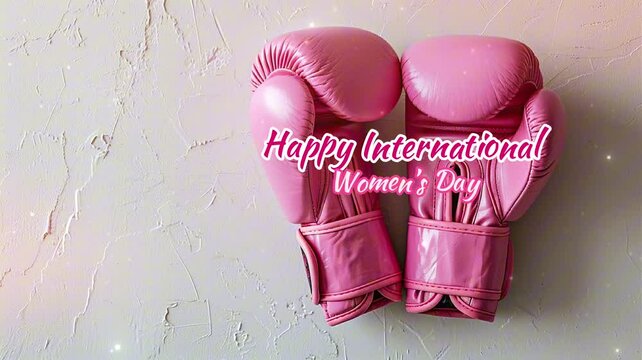 Happy International Women's Day Text Animation, Pink Boxing Gloves on Clean Wall in Professional Photography Style