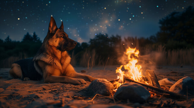 A vigilant German Shepherd lies beside a crackling campfire, gazing into the distance under a star-filled night sky on a quiet beach.