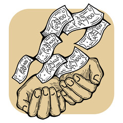 Big dollars banknotes money in your hands. Finance business, commerce, payment economy  theme for poster print, design elements. Take or give loan. Hand drawn illustration. Cartoon style drawing.