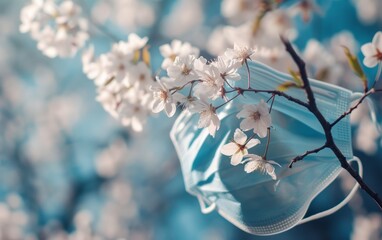 protective mask placed against a spring streetscape, seasonal allergies