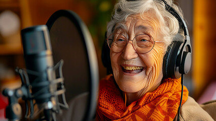 Portrait photo of smiling senior woman wearing headphones