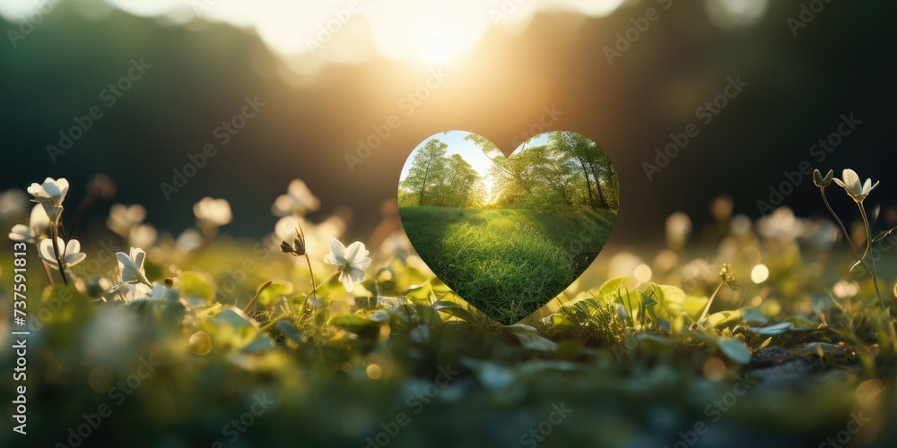 Poster heart shaped object on lush green field generative ai