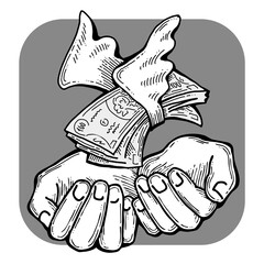 Big dollars banknotes money in your hands. Finance business, commerce, payment economy  theme for poster print, design elements. Take or give loan. Hand drawn illustration. Cartoon style drawing.