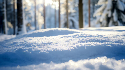 Close-up of fresh snow with sunlit forest in the background representing winter, cold, nature, tranquility, and the holiday season.