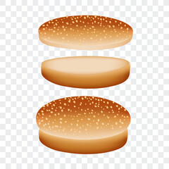 Burger bun, sliced and whole piece with sesame seeds, isolated vector illustration.