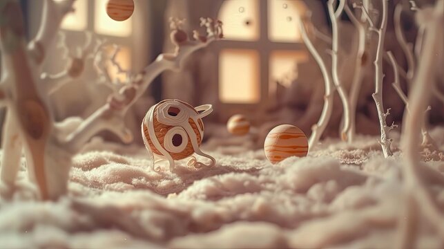 miniature planets and stars, in the desert, in outer space, the terrible secret of space, tilt-shift cardboard diorama with complex paper curling, dark skies, scary universe
