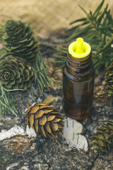 Buteleczka z olejkiem na korze brzozy w toczeniu gałązek i szyszek. 