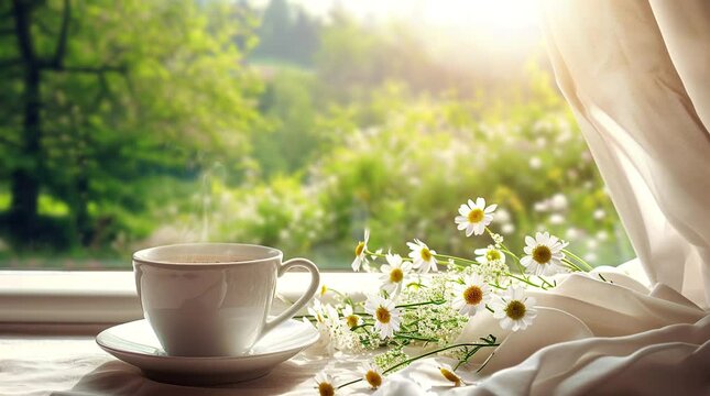 Springtime Sip: Enjoying a Cup of Coffee on a Sunny Day Seamless looping 4k time-lapse virtual video animation background. Generated AI