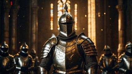 landscape of a royal knight wearing shiny armor in the palace