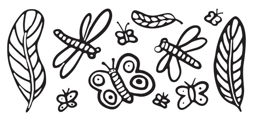 Black and white insect illustrations of dragonflies and butterflies, playful, educational collection of minimalistic doodles. Perfect for kids and creative projects.