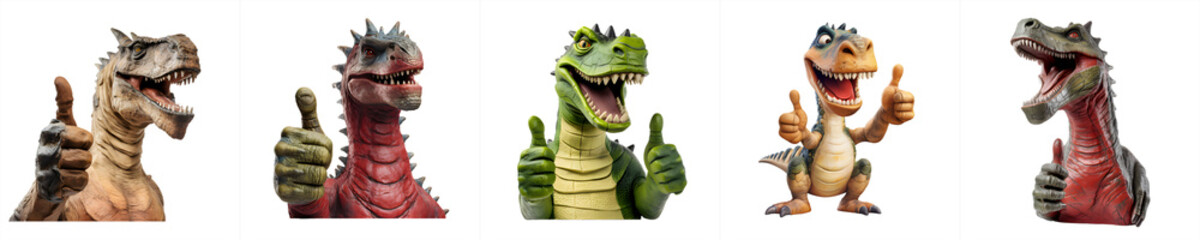 Collection, dinosaur show thumbs-up and okay sign, on transparent background