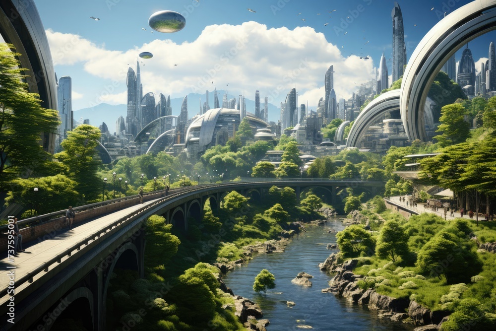 Poster futuristic city with a river running through it generative ai