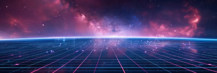 Digital grid and starry cosmic sky illustration. Background for technological processes, science, presentations, education, etc - obrazy, fototapety, plakaty