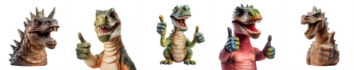 Collection, dinosaur show thumbs-up and okay sign, on transparent background