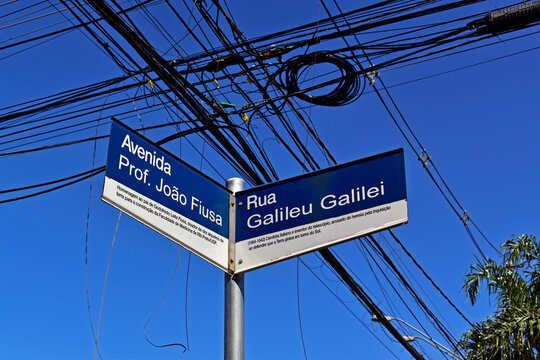 Street sign and electrical wires in Ribeirao Preto, Sao Paulo, Brazil
