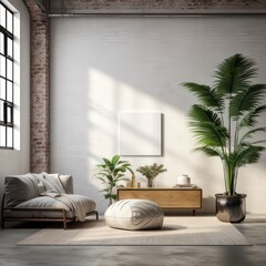 Living room with minimalist sofa in a house interior with exposed brick cement wall industrial style. Potted plant decoration.	
