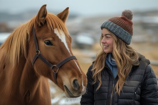 daughter talking and walking with a brown horse. - Powered by Adobe